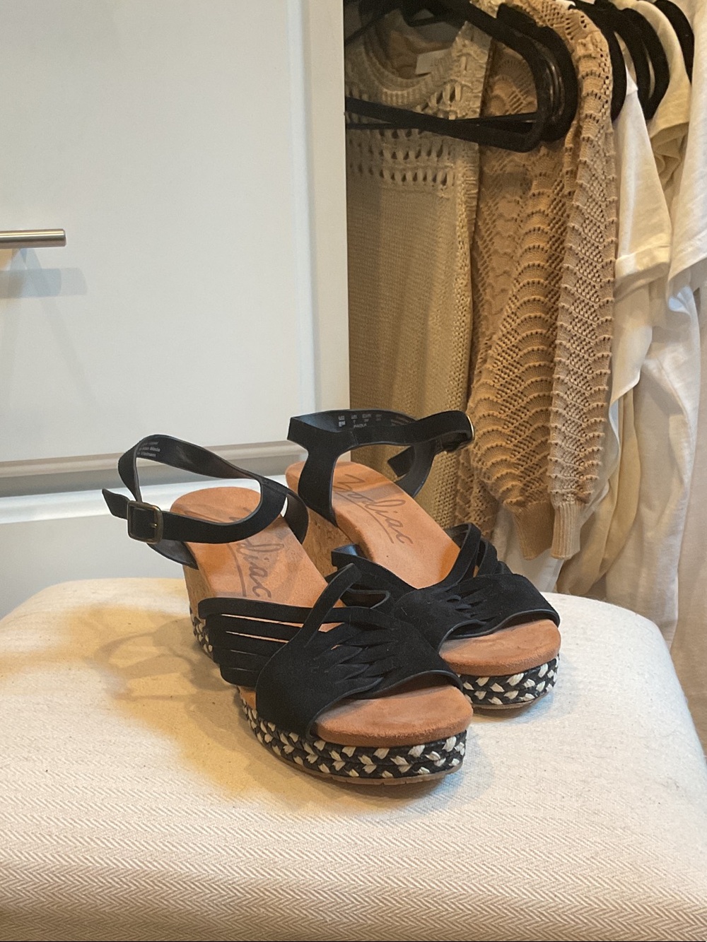 Zodiac Black Suede Wedge Sandals with Patterned Platform
